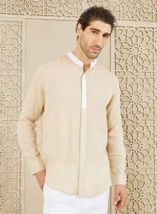 Premium Cotton Slub Contrast Mandarin Collar Regular Fit Shirt