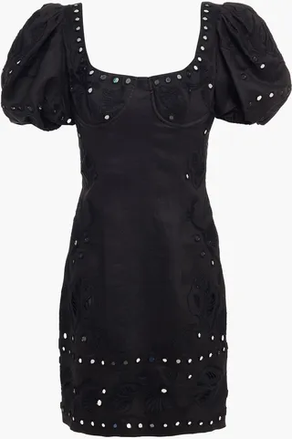 Embellished gathered ramie mini dress