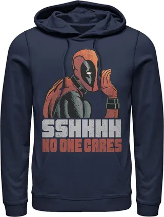 Men's Marvel Deadpool No One Cares Pull Over Hoodie - Navy Blue - X Large