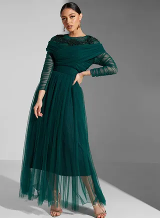 Leen Aboushaar Embellished Pleated Dress With Ruching On Sleeve