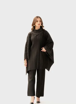 Pleated High Neck Top And High Waist Pants Set