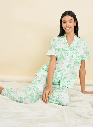 All Over Leaf Print Shirt & Pyjama Set