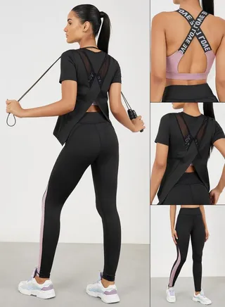 Pack of 3 - Mesh Panel Top, Colorblock Sports Bra & Active Leggings