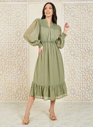 Dobby Smocked Ruffle Detail A-Line Midi Dress