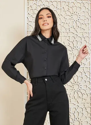 Embellished Collar Drop Shoulder Poplin Shirt