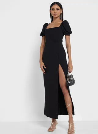 Puff Sleeve Side Slit Dress