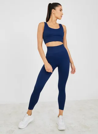 Stitch Detail Ribbed Sports Bra and Contoured Back Active Legging Set