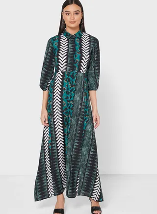 Mixed Print Shirt Maxi Dress