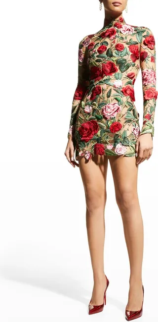Floral-Embroidered Mesh Mini Dress