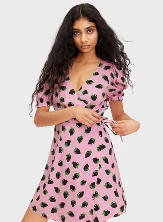 Puff Sleeve Printed Wrap Dress