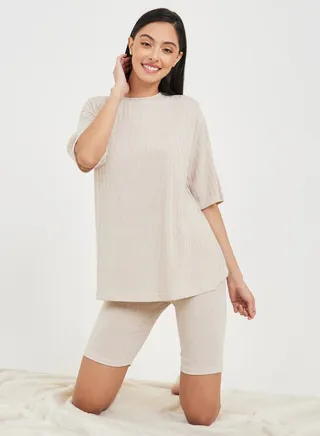 Ribbed Drop Shoulder T-shirt and Cycling Short Lounge Set