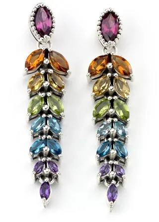 Sterling Silver Multi Gemstone Feather Drop Earrings