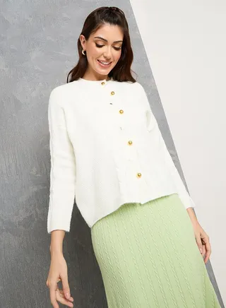Regular Fit Textured Knit Button Up Cardigan