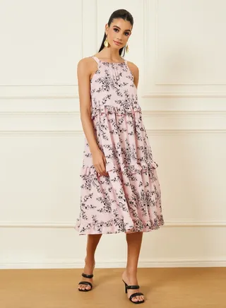 Floral Print Ruffle Detail A-Line Midi Dress