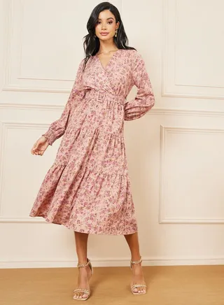 Floral Print Cuff Sleeves Belted Tiered Midi Dress