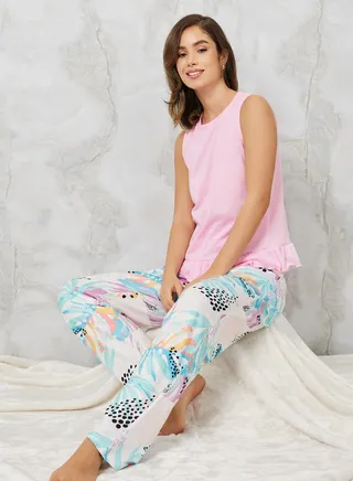 Ruffle Hem Vest & Tropical Palm Pyjama Set