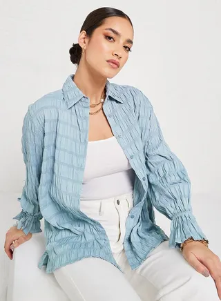Textured Oversized Longline Shirt with Buttons