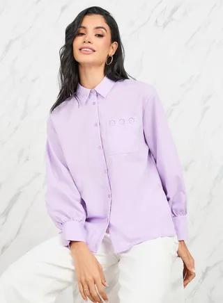 Laser Cut Out Detail Pocket Oversized Shirt