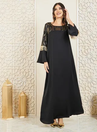 Jacquard Print Tassel Detail Sleeves Jalabiya