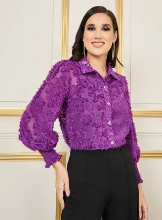 Tassel Texture Sheer Cuffed Sleeves Shirt
