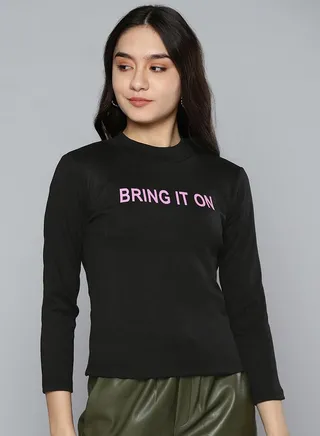 Slogan Print High Neck Rib Knit Top