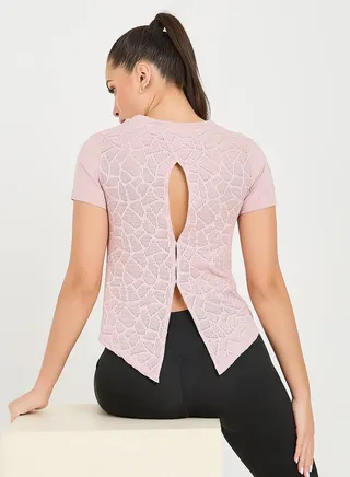 Peep & Hem Slit Back Abstract Pattern Mesh Detail Top