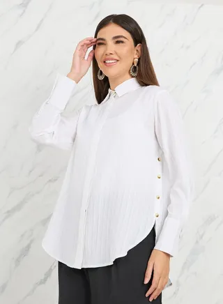 High-Low Hem Button Detail Crepe Regular Fit Shirt