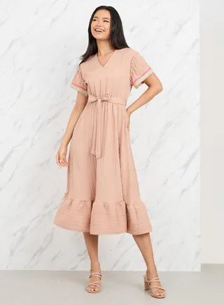 Lace Embroidered Short Sleeves A-Line Midi Dress with Self Tie Up