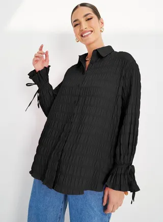 Textured Oversized Longline Shirt with Buttons