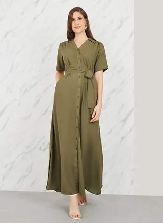 Solid Collared Self Tie Up A-Line Shirt Maxi Dress