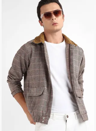 Checkered Spread Collar Long Sleeve Jacket