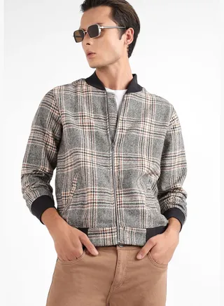 Checkered Low Stand-Up Collar Long Sleeve Jacket
