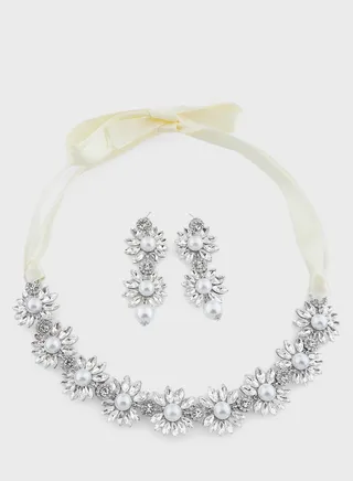 Floral Pearl Diamante Necklace & Drop Earrings Set