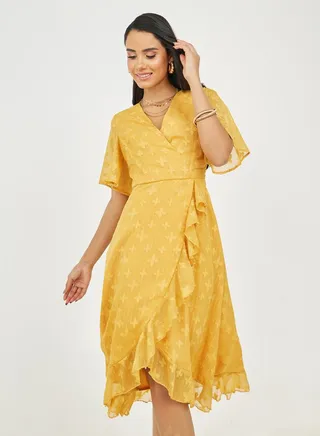 Burnout Texture Ruffle Detail A-Line Wrap Midi Dress