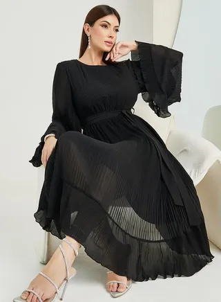 Plisse Flute Sleeve A-Line Midi Dress