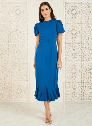 Puff Sleeves Ruffled Hem Bodycon Midi Dress