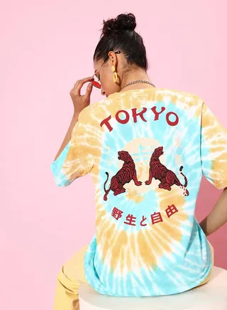 Oversized Tie Dye Tokyo Print T-Shirt with Short Sleeves