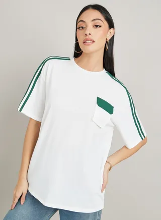Oversized Stripe Detail T-Shirt with Contrast Flap Pocket