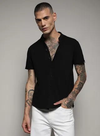 Solid Mandarin Collar Shirt with Short Sleeve