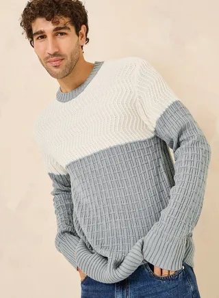 Cable Knit Relaxed Fit Color Block Jumper