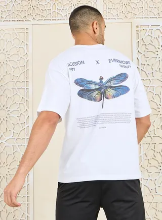 Back Dragonfly Slogan Print Compact Jersey Oversized T-Shirt