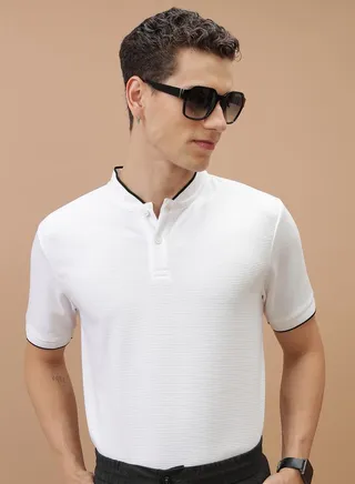 Stripe Textured Piped Henley Neck Polo T-Shirt