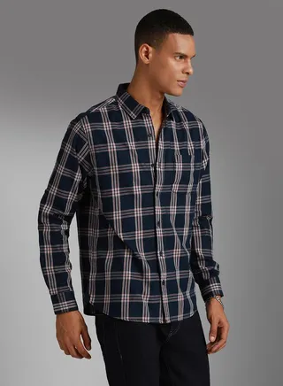 Tartan Checked Pocket Detail Spread Collar Shirt