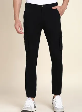 Solid Mid Rise Slim Fit Cargo Joggers with Button Closure