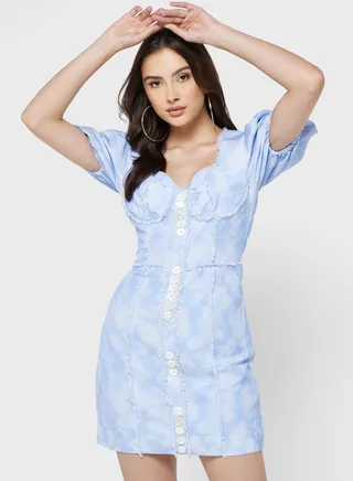 Puff Sleeve Button Detail Dress