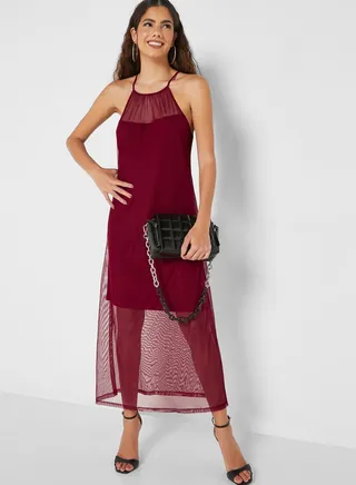 Mesh Detail Halter Neck Dress