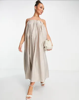 ASOS Edition bandeau maxi dress with pleat detail in oyster