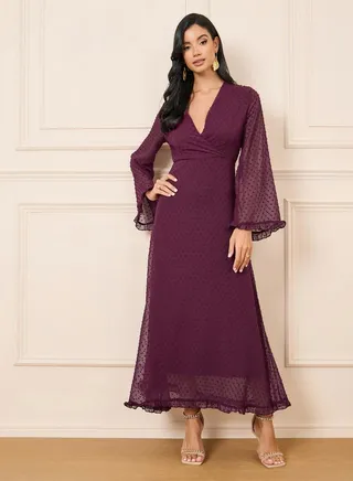 Sheer Flute Sleeve Dobby Spot Wrap Front Maxi Dress