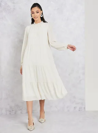 Ruffle High Neck Gathered Detail Tiered Midi Dress