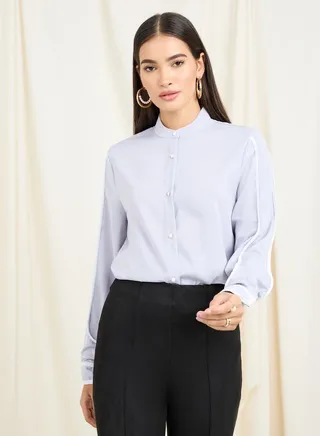 Contrast Piped Detail Mandarin Collar Blouse